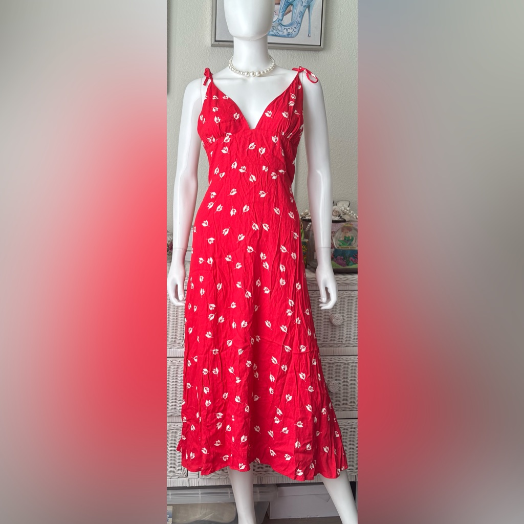 Reformation Talita Midi Dress Low Cut Jeanne Print Red White Floral Size 12 Nwt